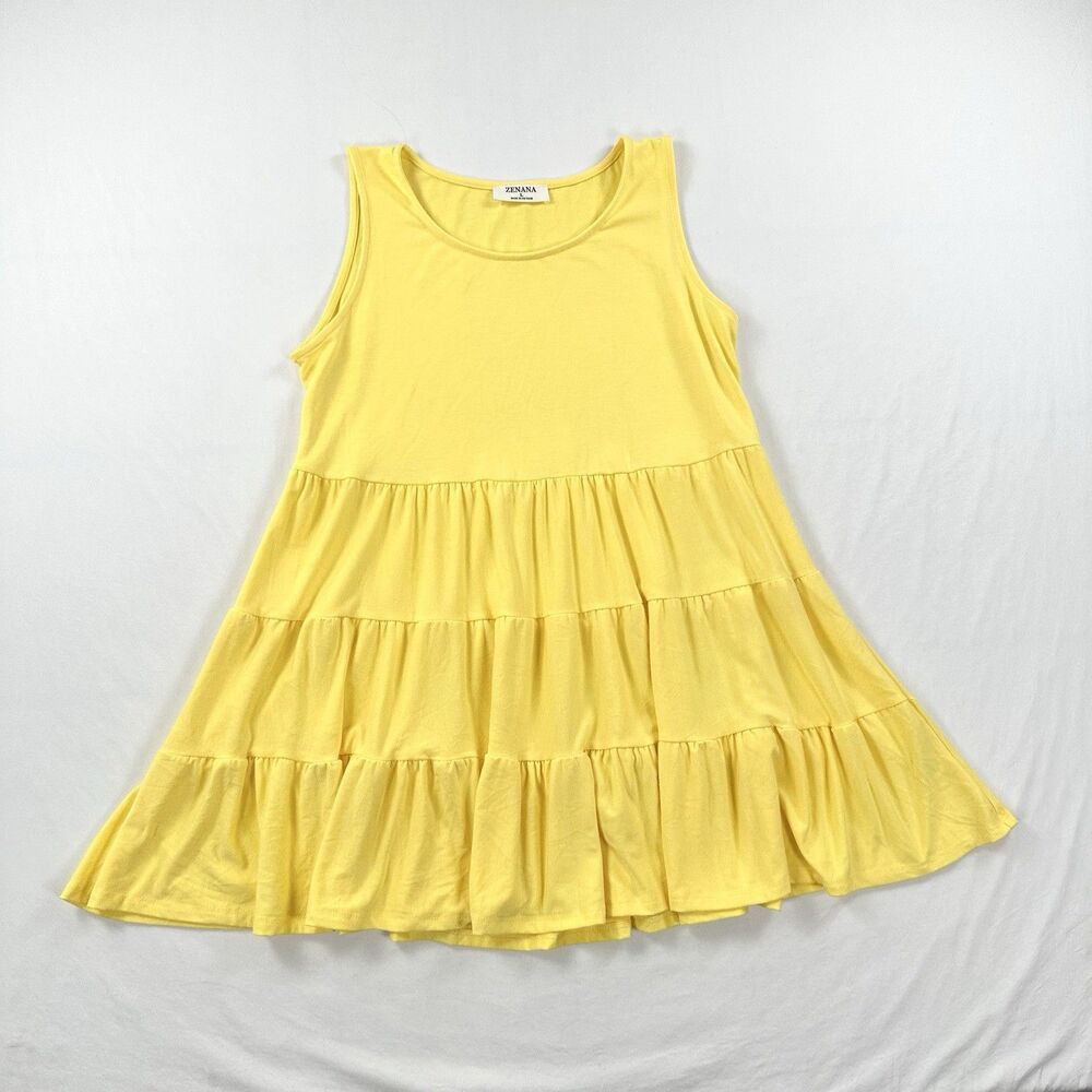 Zenana Mini Dress Womens Large Yellow Tiered Sleeveless Babydoll Cottagecore